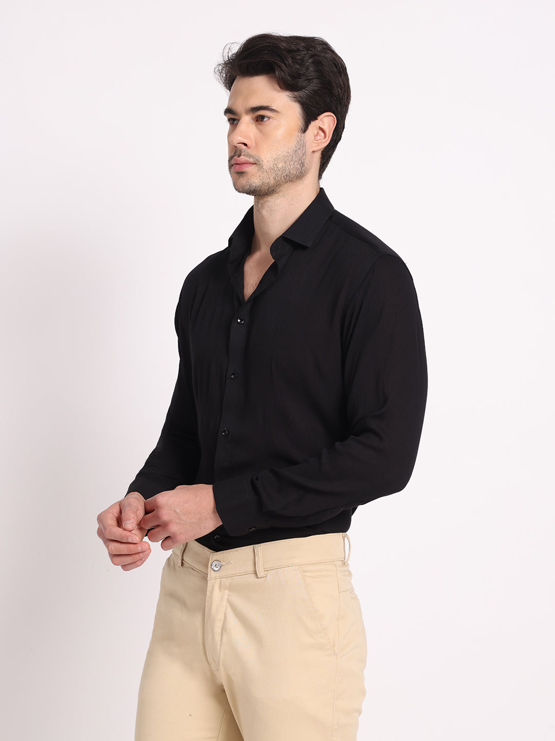 Zerny Premium Black Crepe Textured Slim Fit Shirt