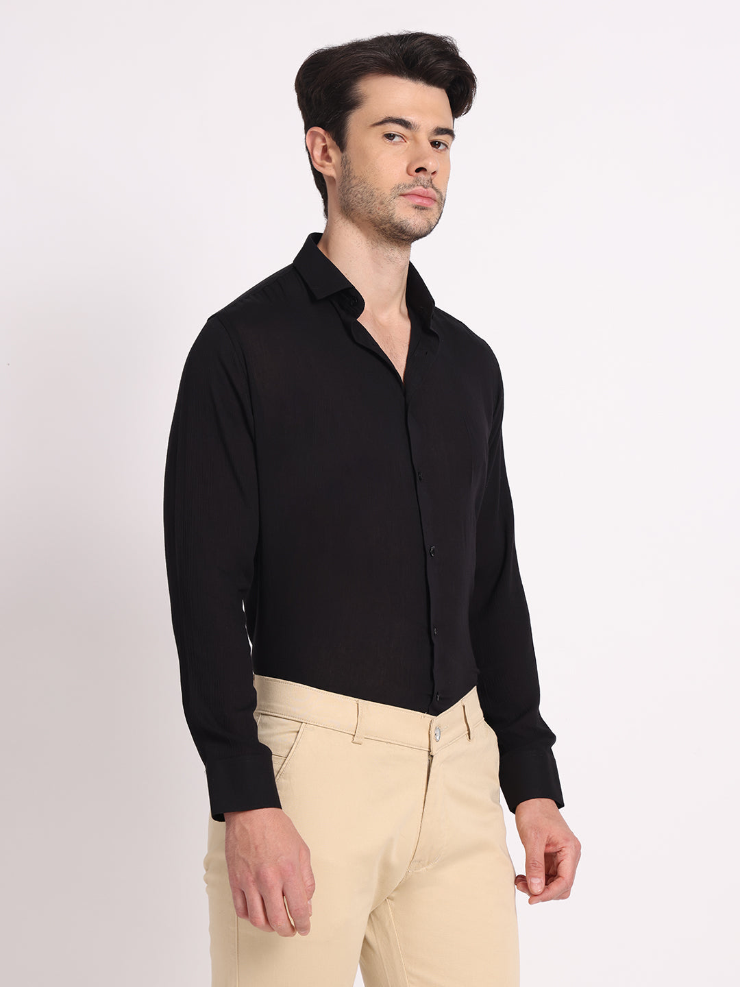 Zerny Premium Black Crepe Textured Slim Fit Shirt
