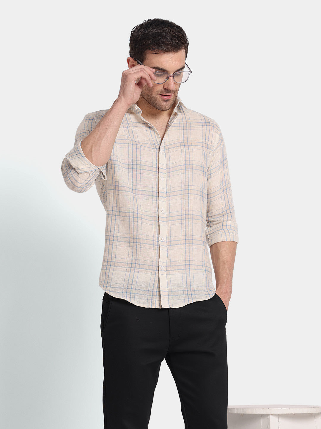 Men Beige & Blue Checked Casual Shirt