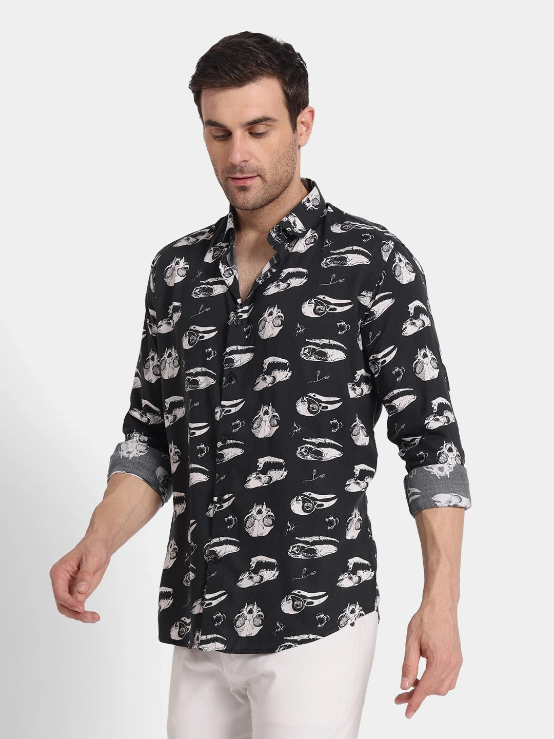 Black Skull Print Slim Fit Rayon Shirt Edgy Vibe, Fluid Comfort