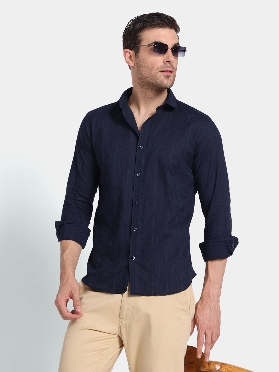 Navy Blue Textured Slim Fit Cotton Shirt