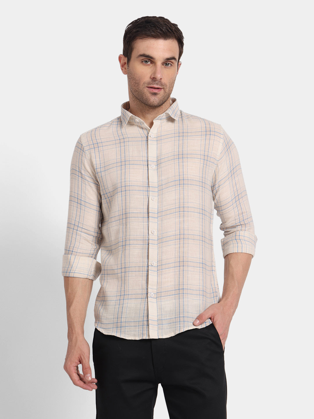 Men Beige & Blue Checked Casual Shirt