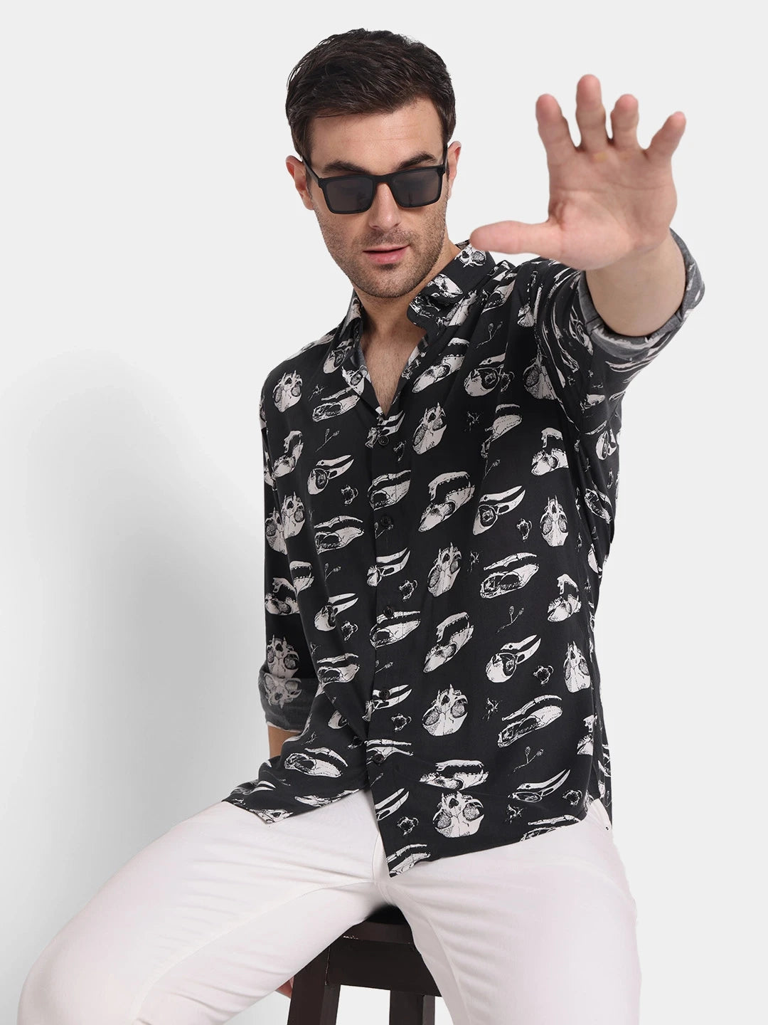 Black Skull Print Slim Fit Rayon Shirt Edgy Vibe, Fluid Comfort