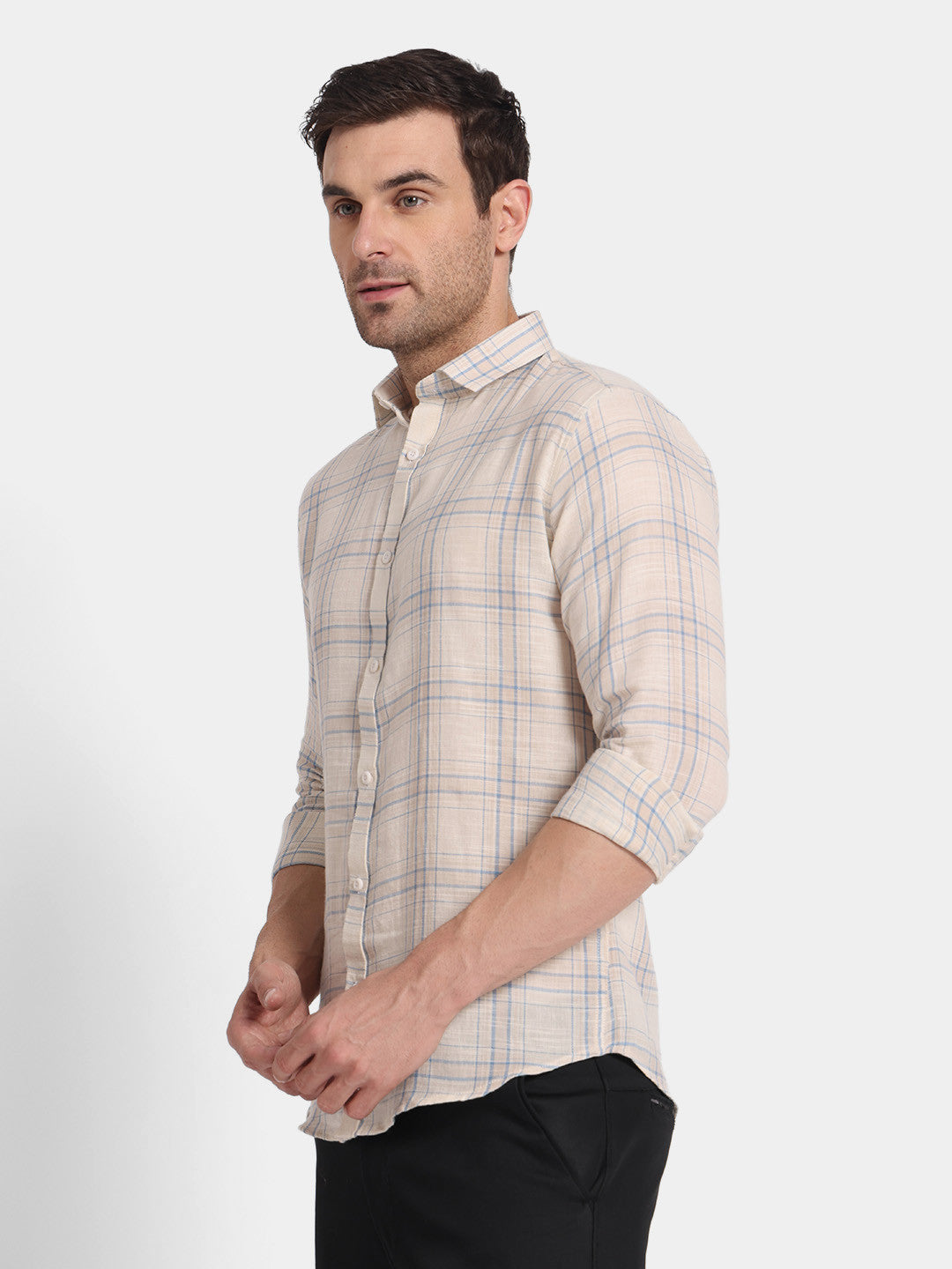 Men Beige & Blue Checked Casual Shirt