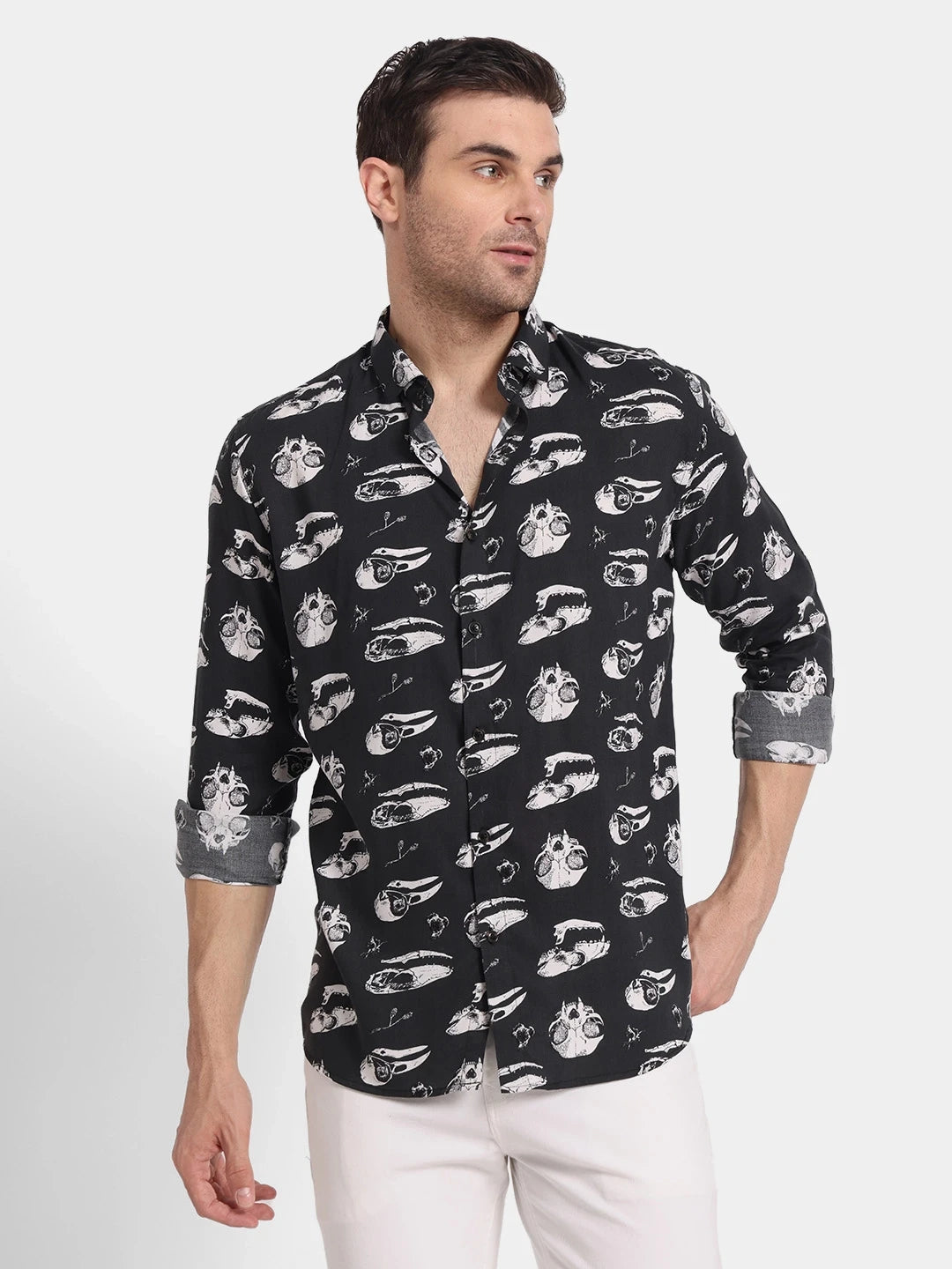 Black Skull Print Slim Fit Rayon Shirt Edgy Vibe, Fluid Comfort