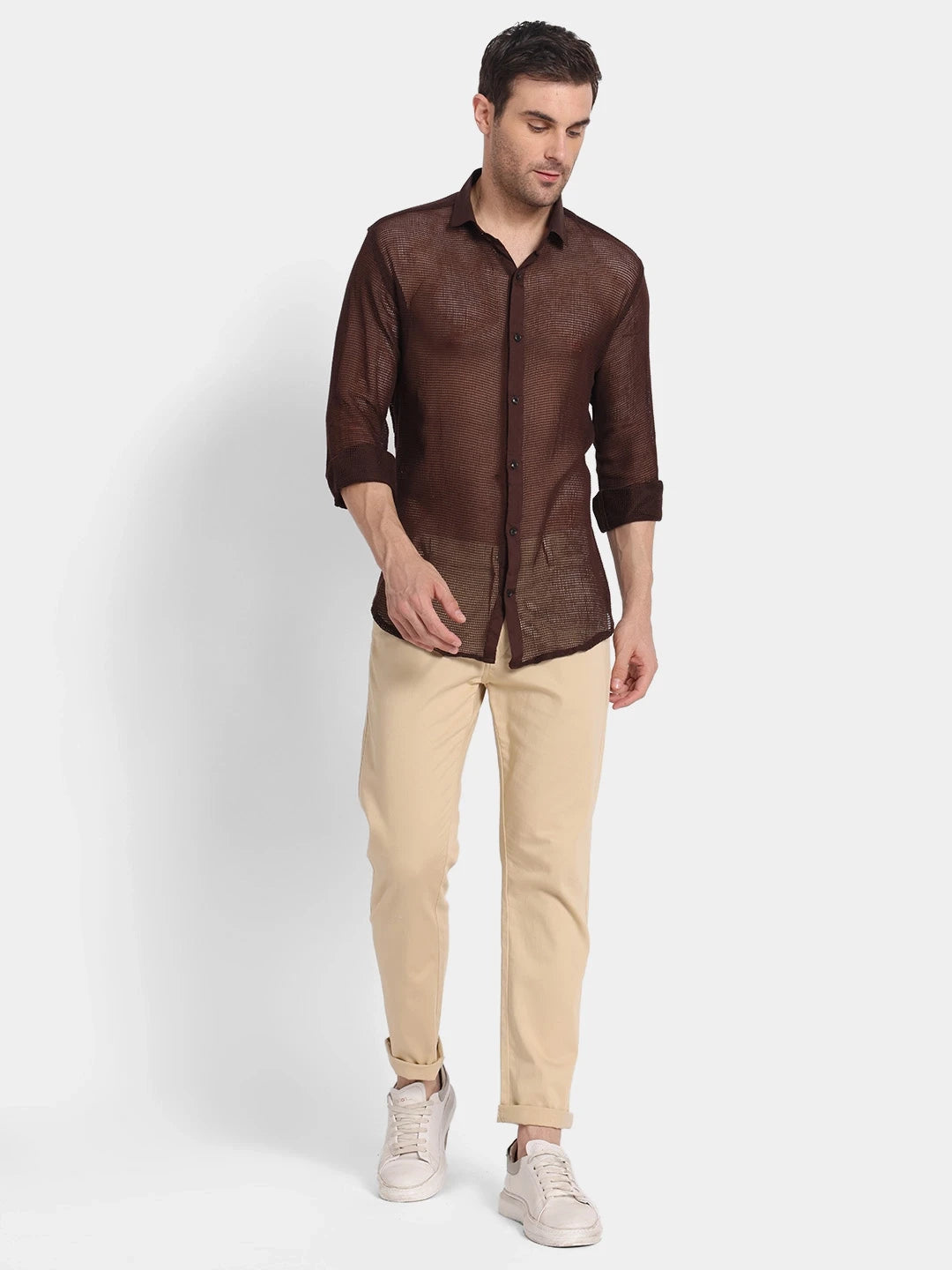 Premium Brown Netted Slim Fit Cotton Shirt Bold Look, Breezy Feel