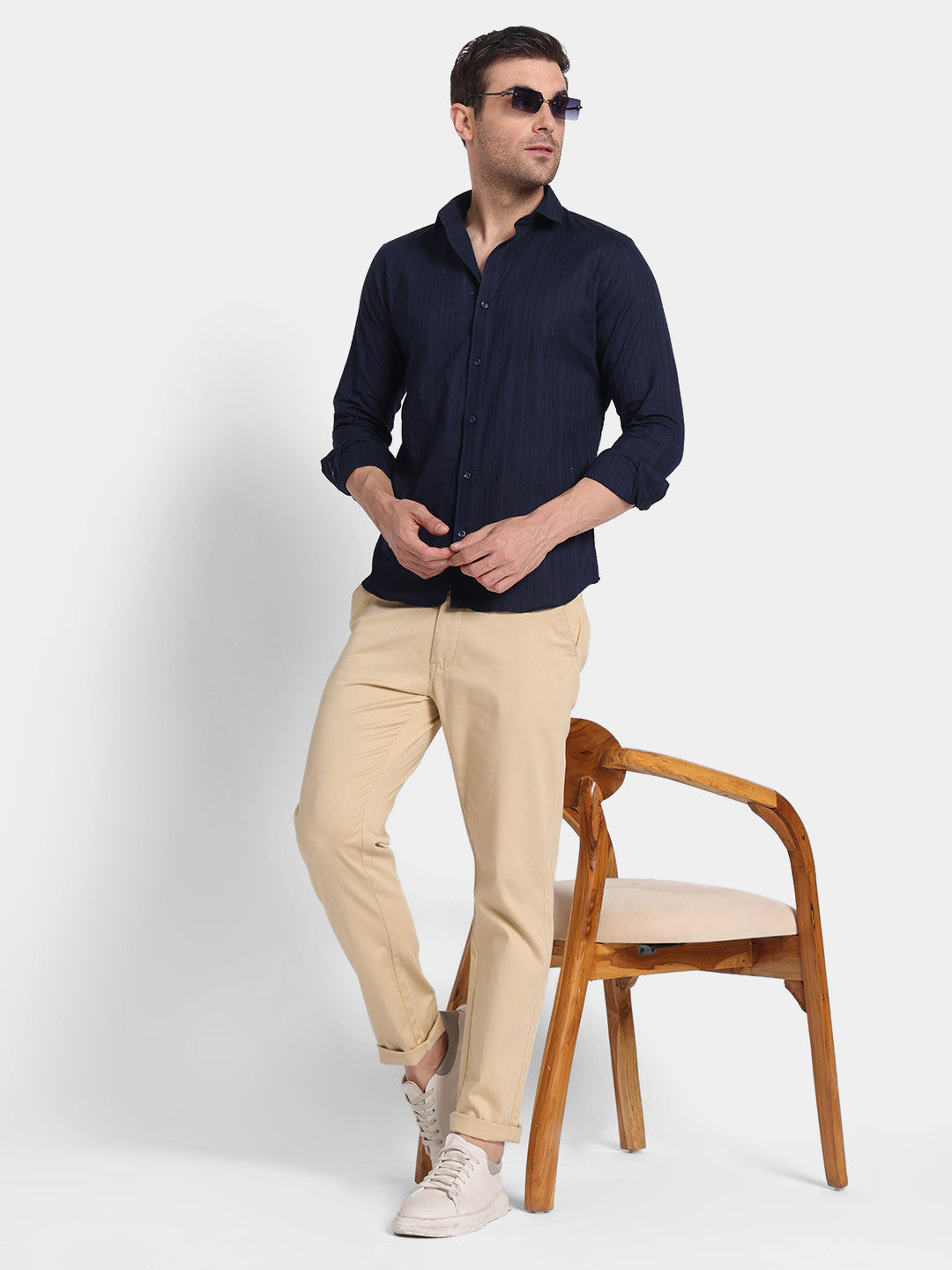 Navy Blue Textured Slim Fit Cotton Shirt