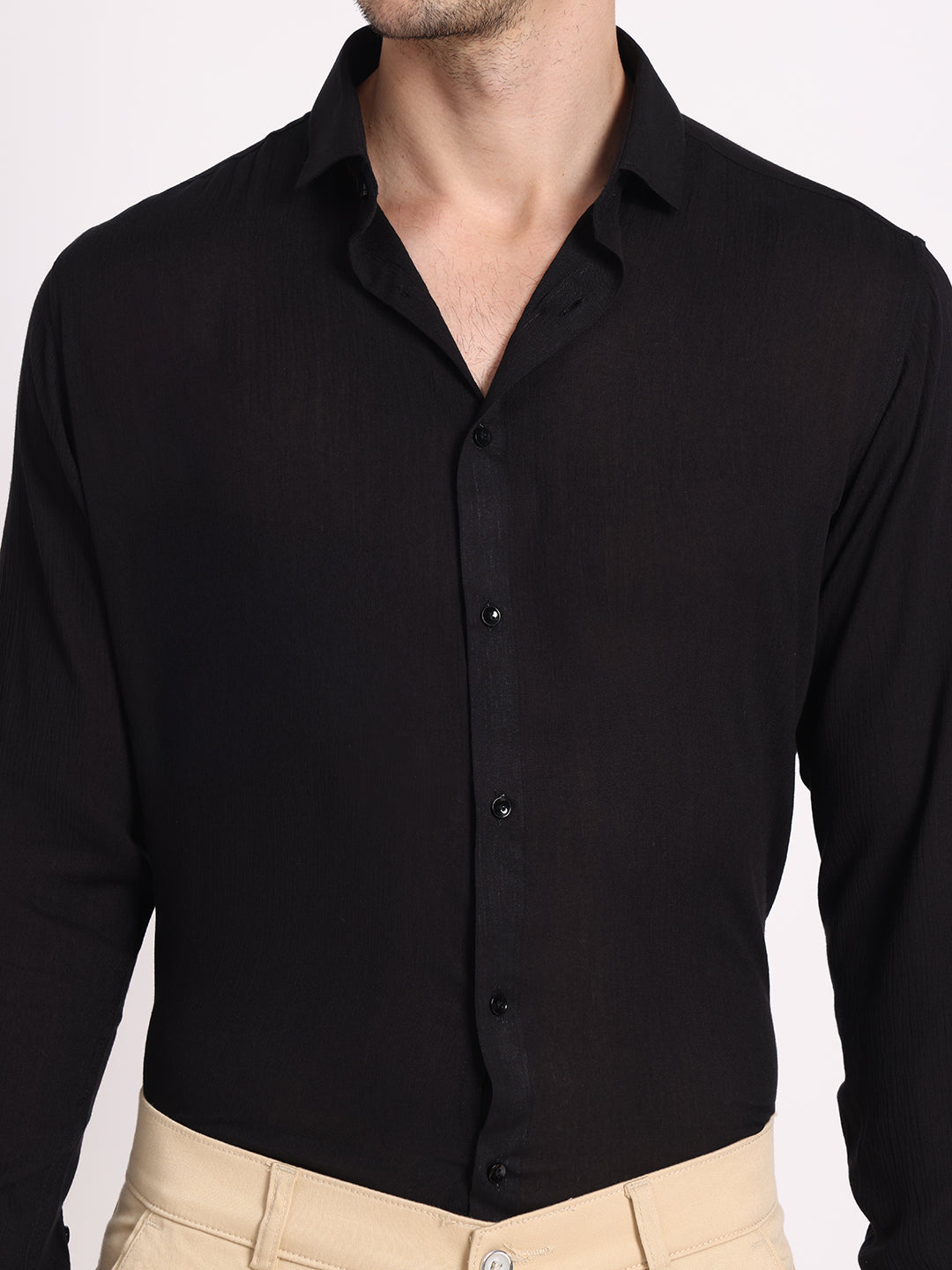 Zerny Premium Black Crepe Textured Slim Fit Shirt