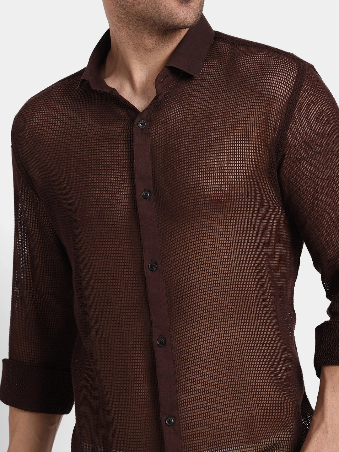 Premium Brown Netted Slim Fit Cotton Shirt Bold Look, Breezy Feel