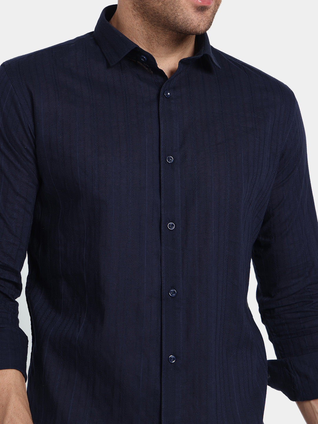 Navy Blue Textured Slim Fit Cotton Shirt