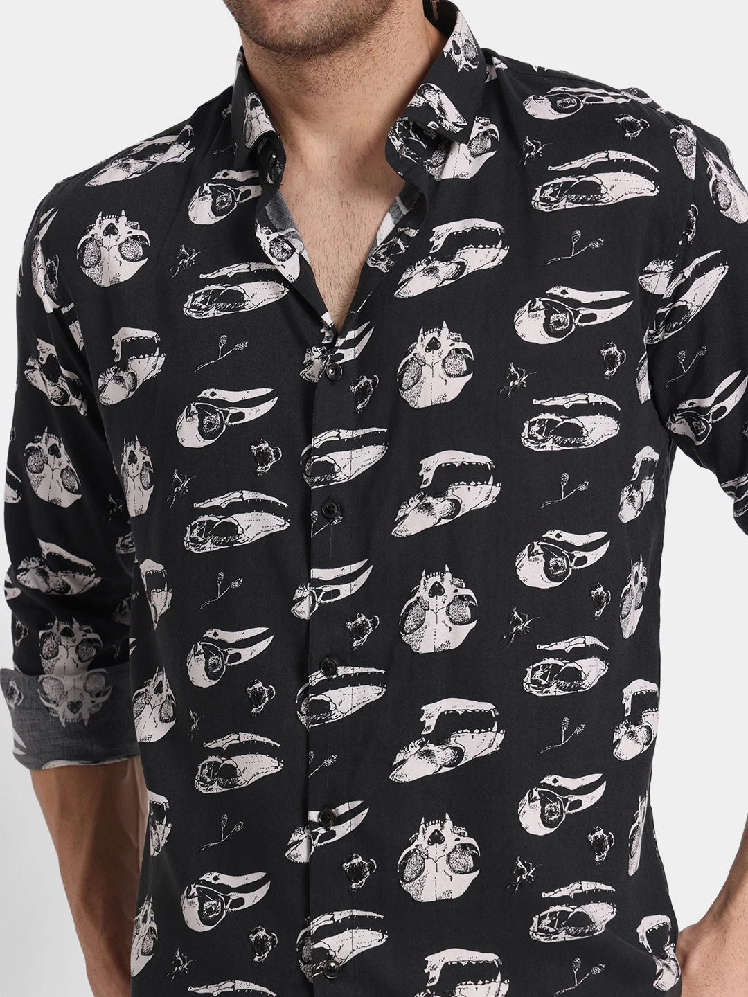 Black Skull Print Slim Fit Rayon Shirt Edgy Vibe, Fluid Comfort