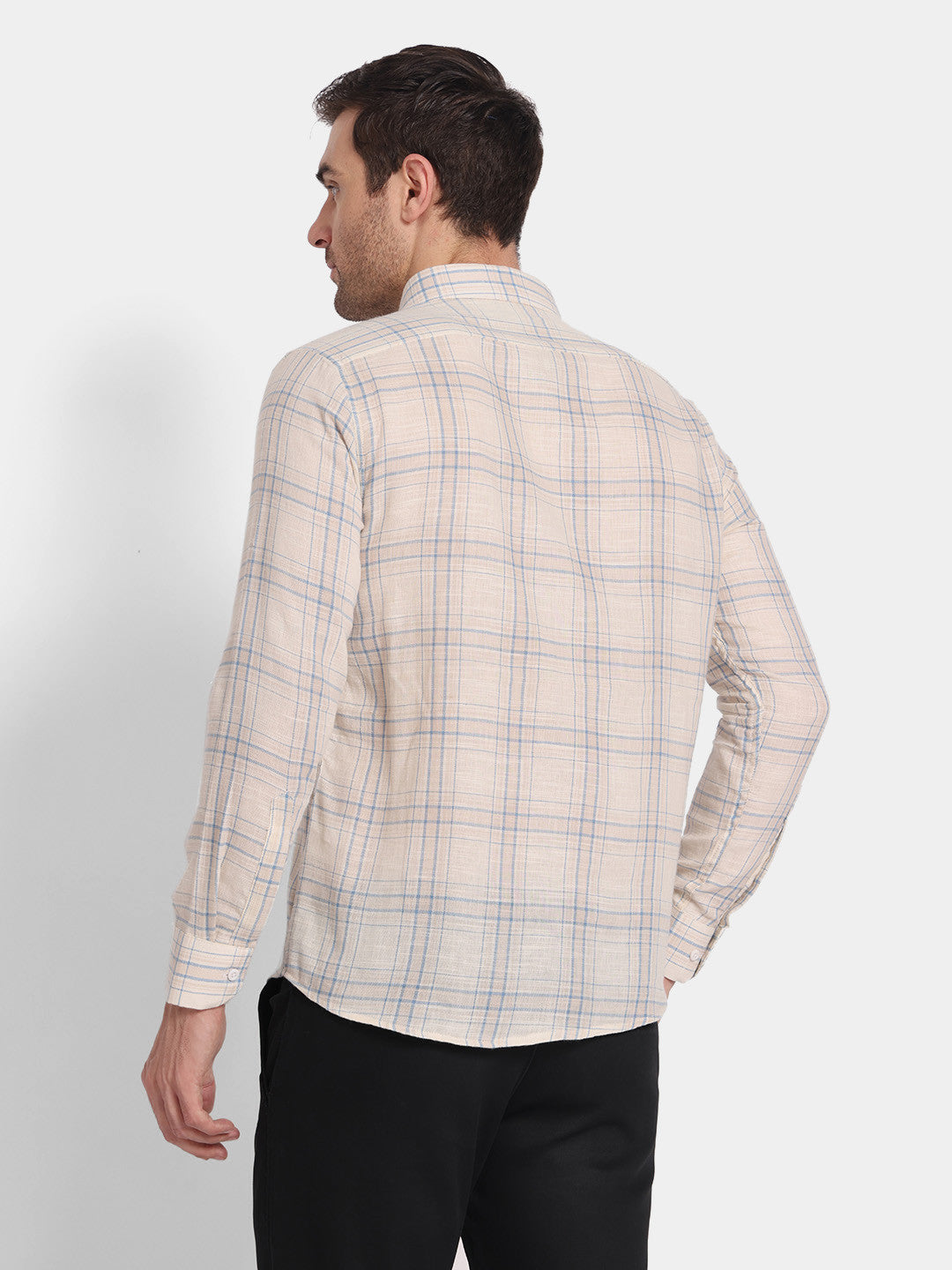 Men Beige & Blue Checked Casual Shirt