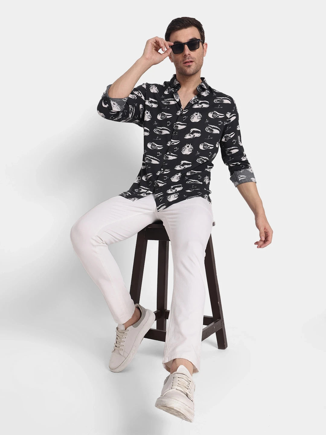 Black Skull Print Slim Fit Rayon Shirt Edgy Vibe, Fluid Comfort
