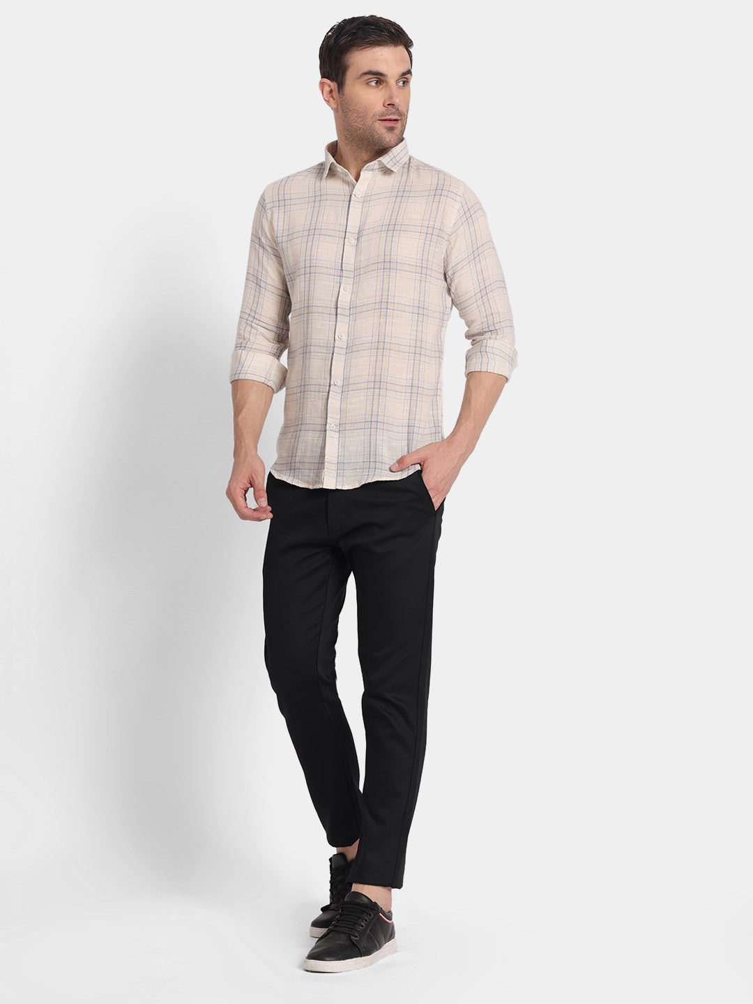 Men Beige & Blue Checked Casual Shirt