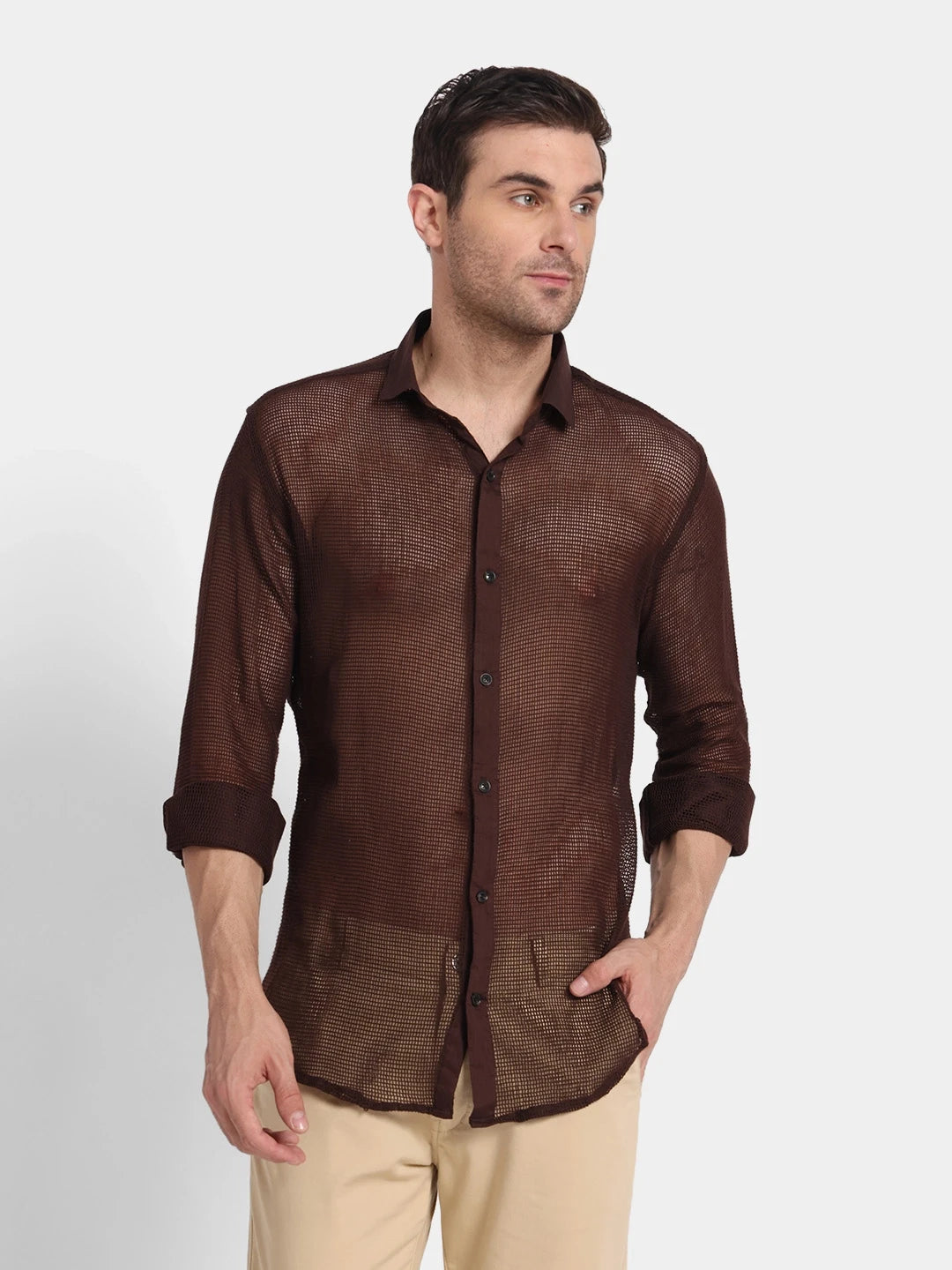Premium Brown Netted Slim Fit Cotton Shirt Bold Look, Breezy Feel
