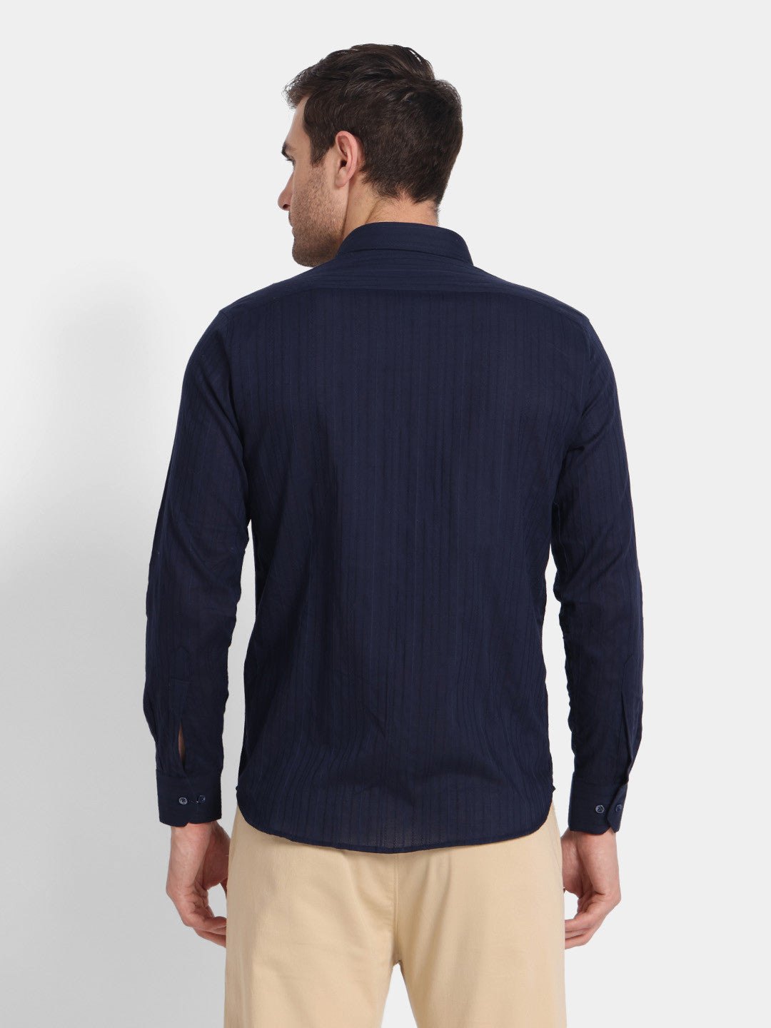Navy Blue Textured Slim Fit Cotton Shirt