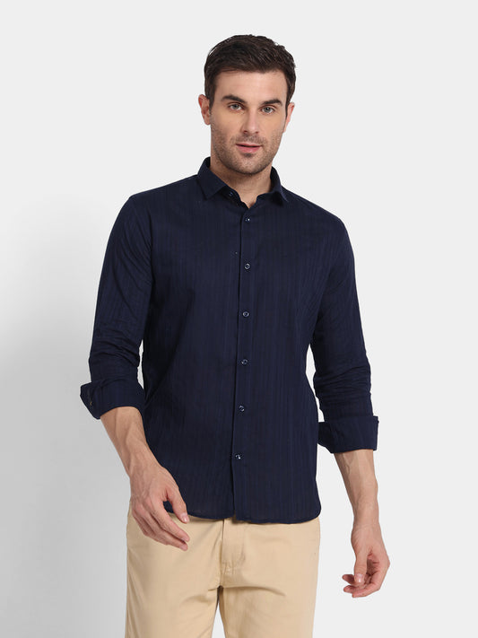 Navy Blue Textured Slim Fit Cotton Shirt