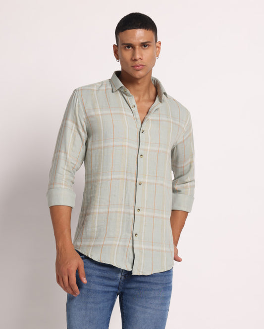 100% Cotton Men's Light Green Check Full Sleeve Shirt