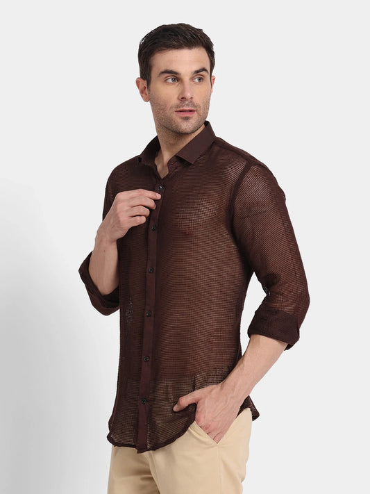 Premium Brown Netted Slim Fit Cotton Shirt Bold Look, Breezy Feel