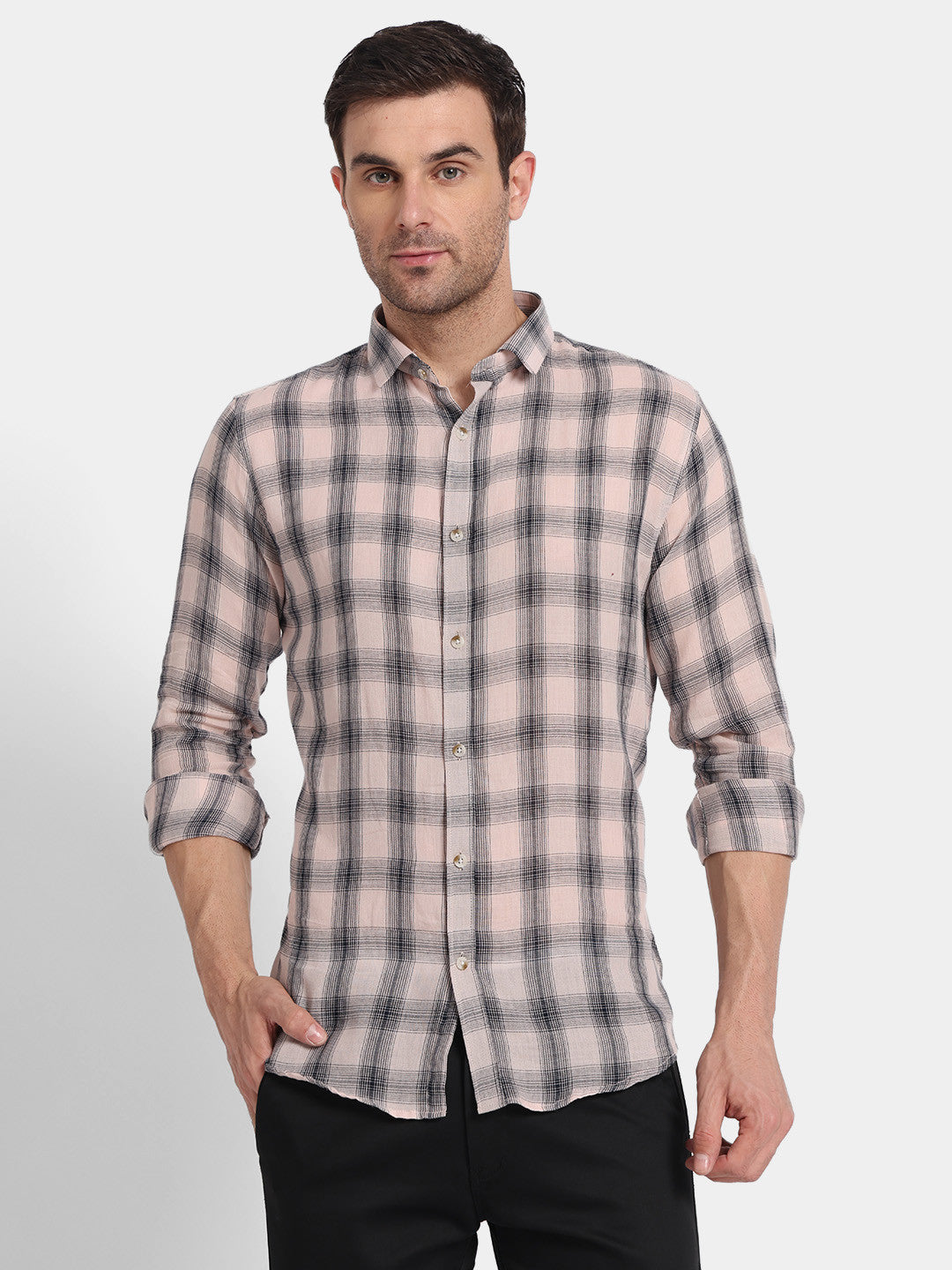 Men's Soft Pink & Black Checkered Casual Full Sleeve Shirt