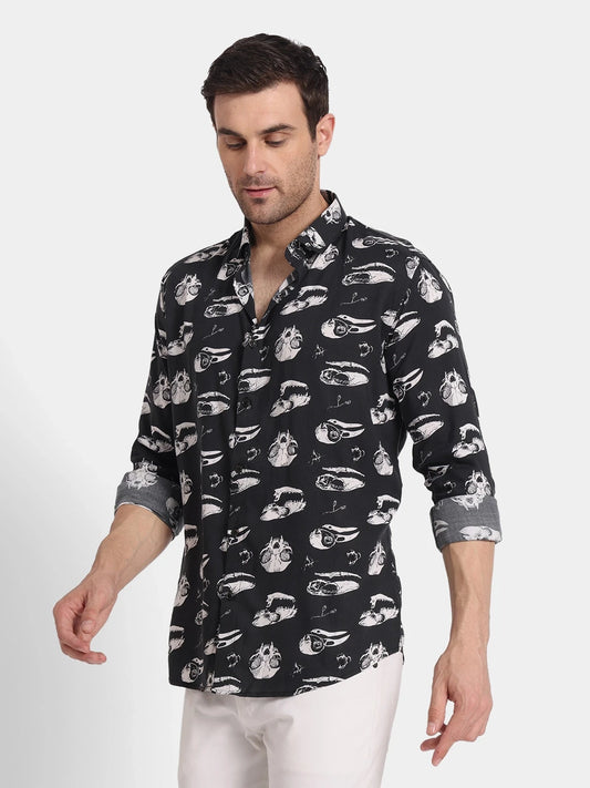 Black Skull Print Slim Fit Rayon Shirt Edgy Vibe, Fluid Comfort