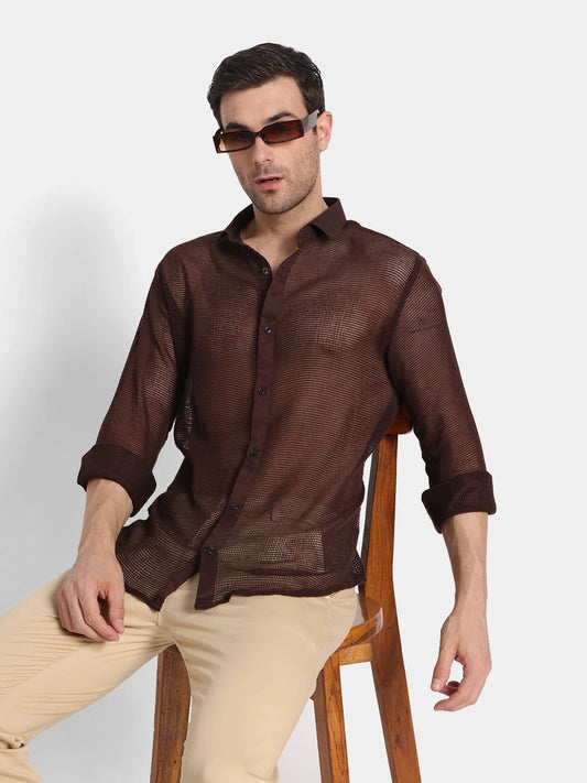 Premium Brown Netted Slim Fit Cotton Shirt Bold Look, Breezy Feel