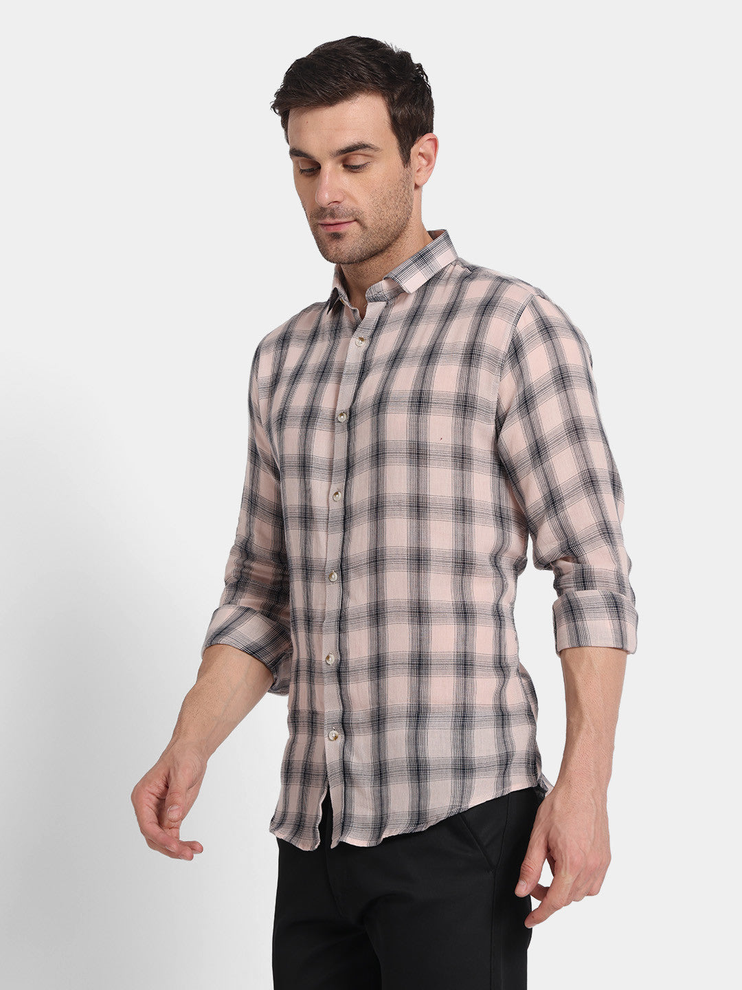 Men's Soft Pink & Black Checkered Casual Full Sleeve Shirt