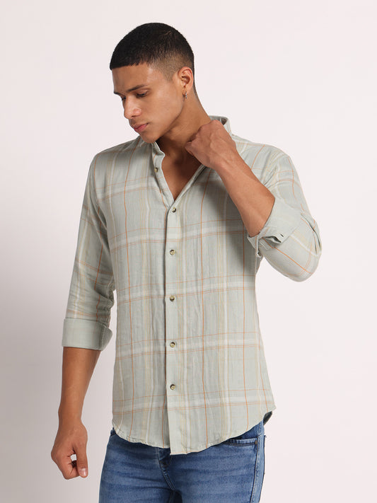 100% Cotton Men's Light Green Check Full Sleeve Shirt