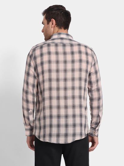 Men's Soft Pink & Black Checkered Casual Full Sleeve Shirt