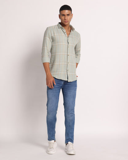 100% Cotton Men's Light Green Check Full Sleeve Shirt