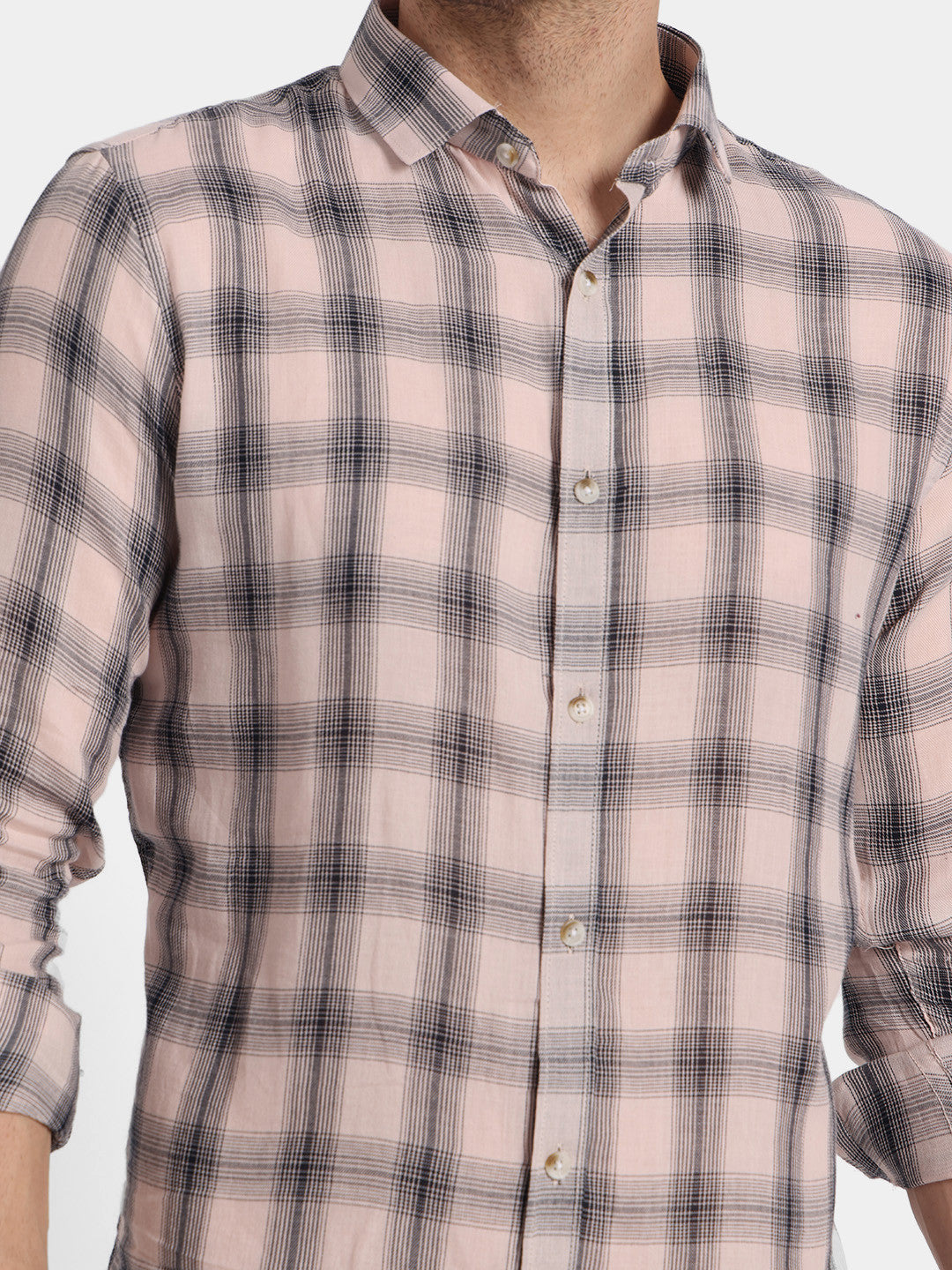Men's Soft Pink & Black Checkered Casual Full Sleeve Shirt