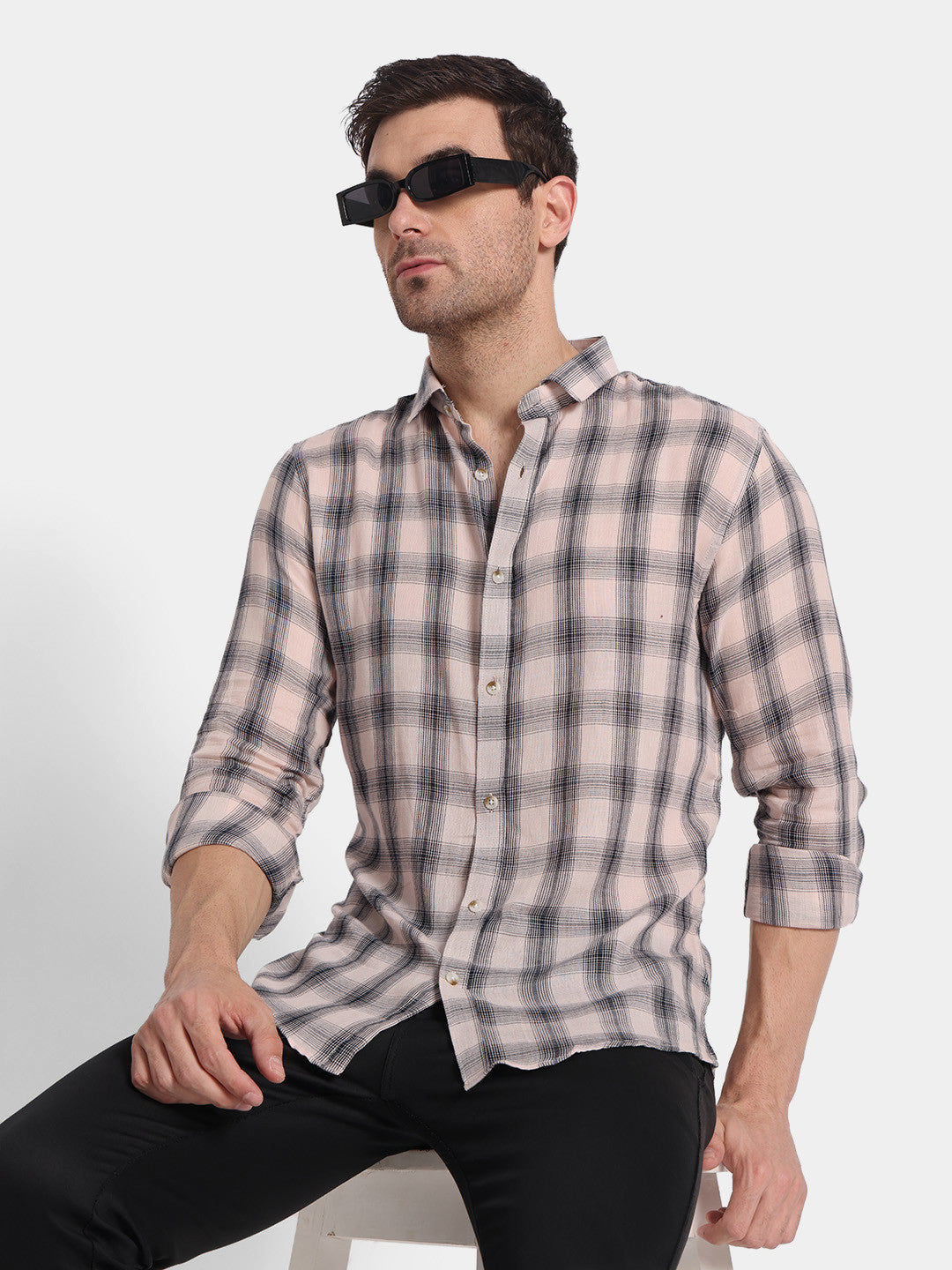 Men's Soft Pink & Black Checkered Casual Full Sleeve Shirt