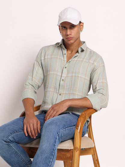 100% Cotton Men's Light Green Check Full Sleeve Shirt