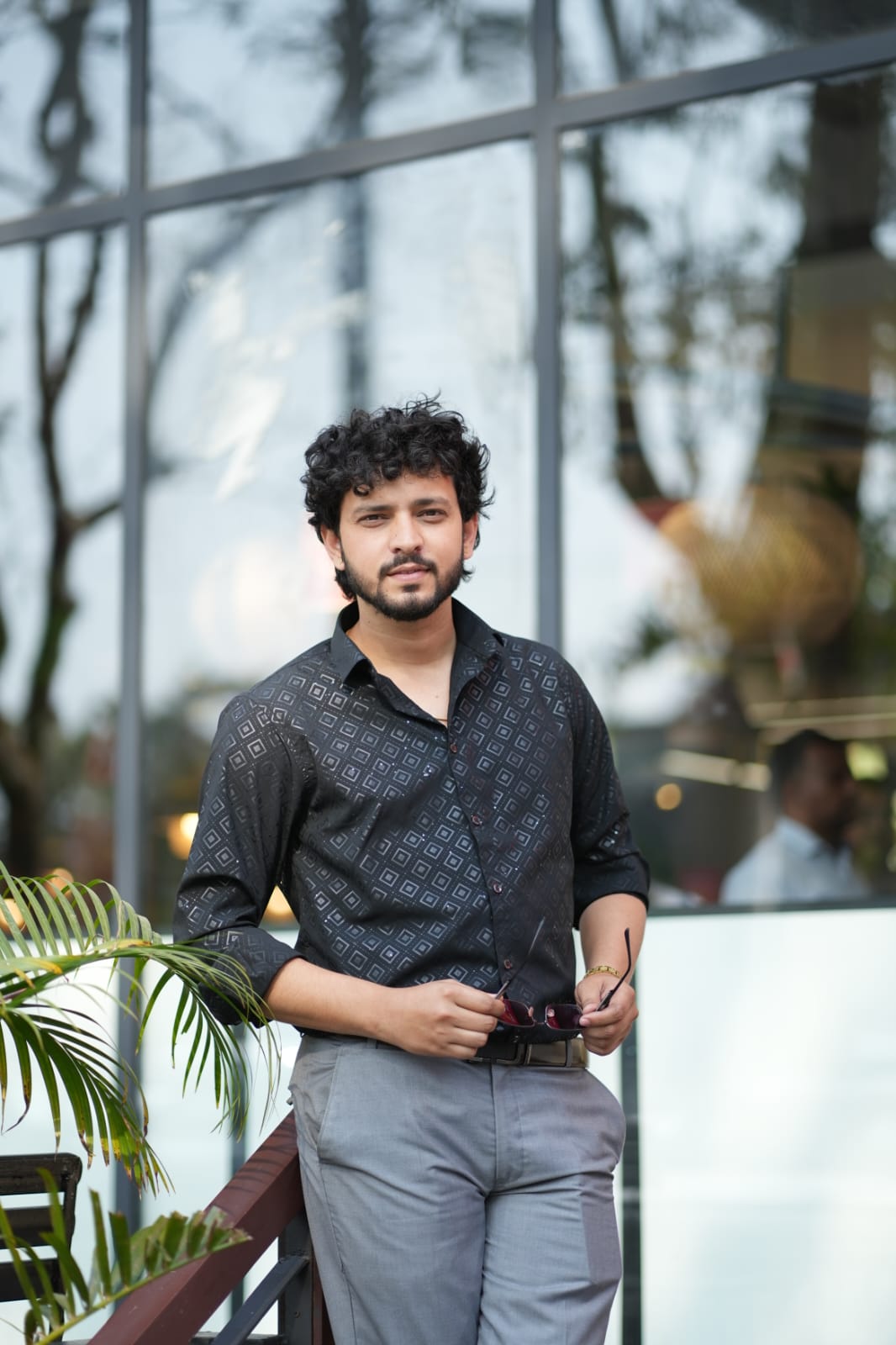 Black shiny textured party wear shirt