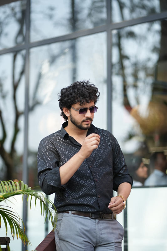 Black shiny textured party wear shirt